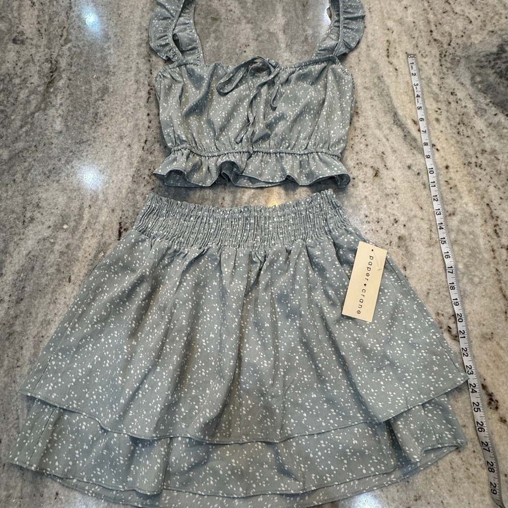 NWT Paper Crane Small 2-Piece Set Crop Top Tiered Skirt Smokey Blue Boho Beach